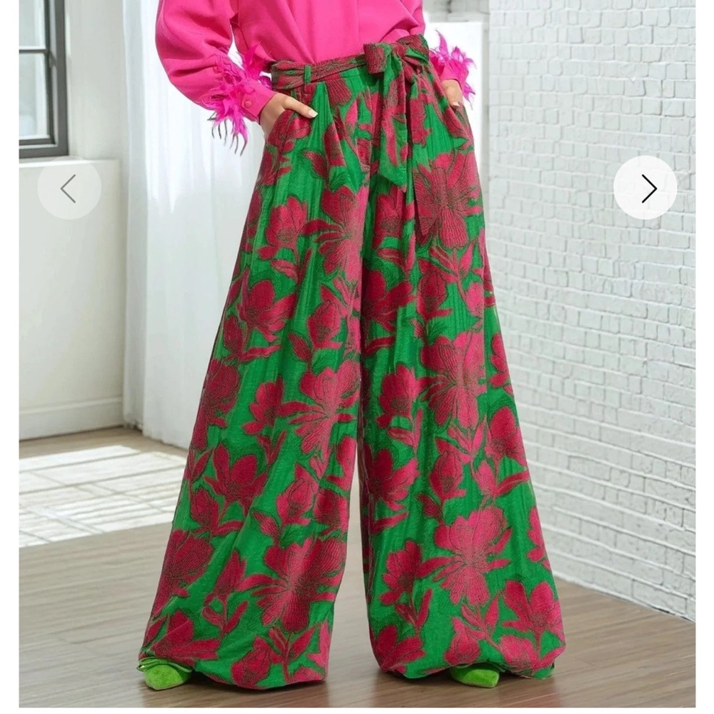 Eva Franco Green Pink Floral Wide-Leg Salinger Pants NEWChemile Bloom 10 No Tag